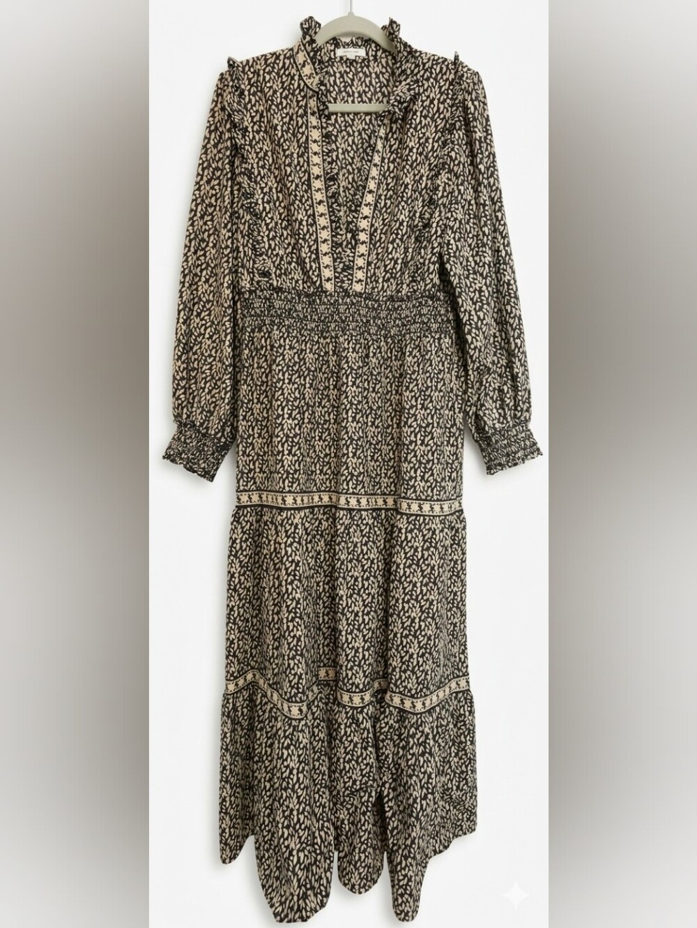 Max Studio Black and Cream Printed Long-Sleeve Maxi Dress